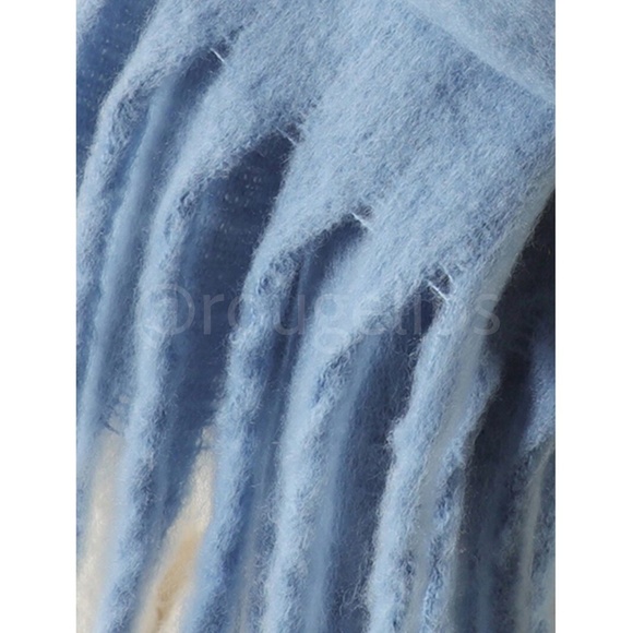 Blue Wide Shawl Scarf With Tassels Fuzzy Knit - Picture 9 of 12